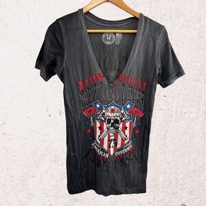 Affliction Black Graphic Tee with Red and Blue Accents